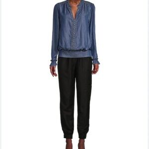 Karl Lagerfeld Paris Denim Chambray Top, Elastic Waist, Button-Down, Large Used